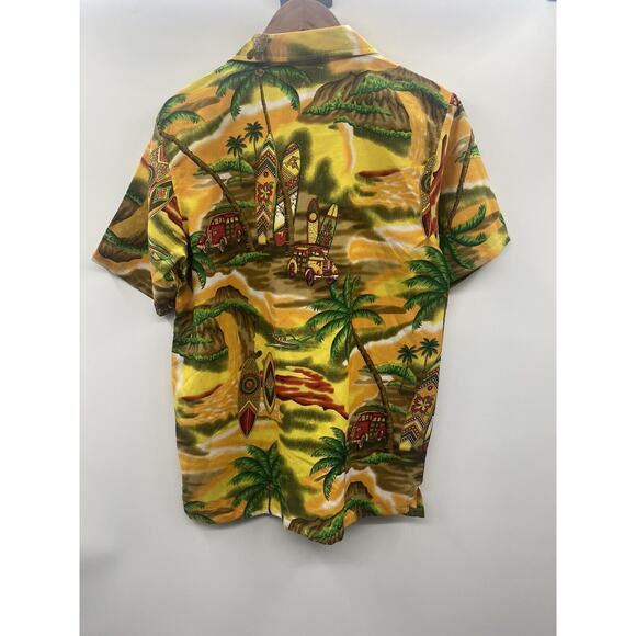 Waikiki Creations Hawaiin Shirt Palm Surfboard Woody Plane Mens S Small Yellow - Picture 5 of 6